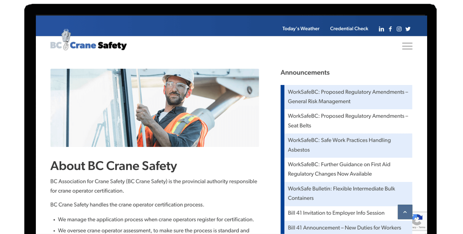 BC Crane Safety website mockup